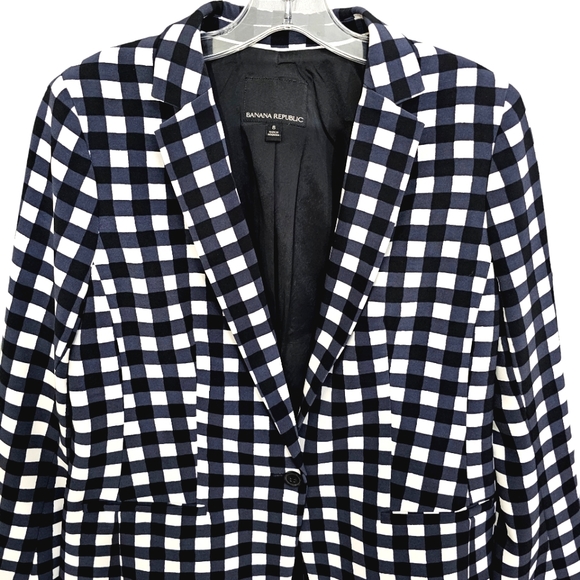 Nwot Banana Republic Dark Navy Black/White Gingham Collared Blazer - Picture 7 of 17